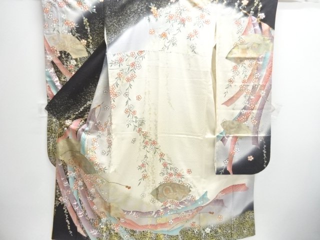 JAPANESE KIMONO / FURISODE / EMBROIDERY / GOSHO CART & WEEPING SAKURA 
